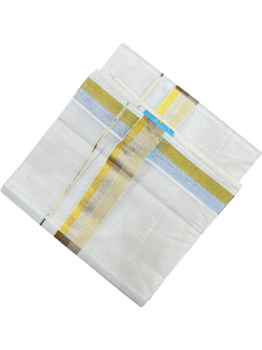 Southloom Pure Cotton Off White Double Mundu with Gold and Silver Kasavu Lines Border (South Indian Kerala Dhoti)