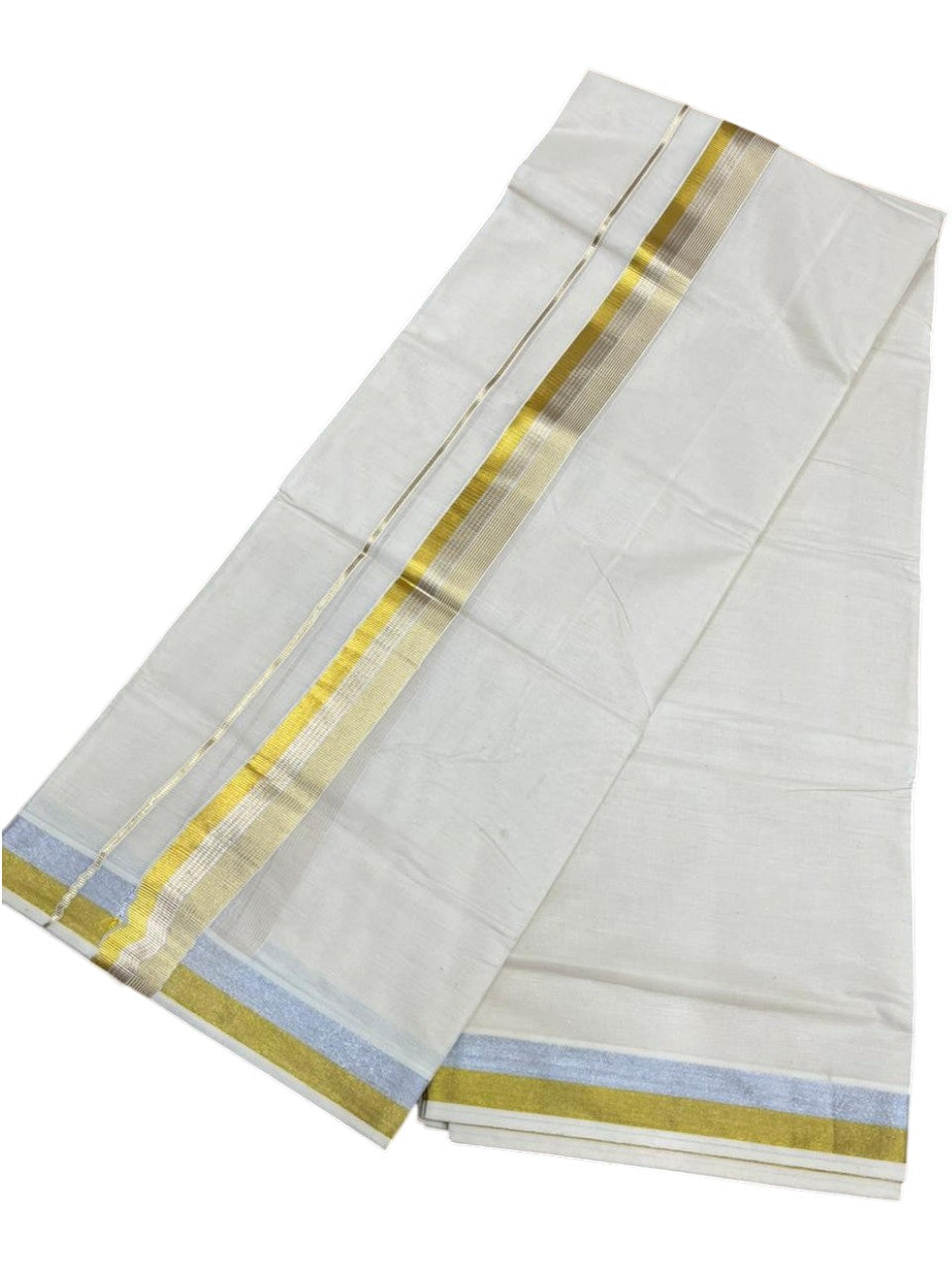 Southloom Pure Cotton Off White Double Mundu with Gold and Silver Kasavu Lines Border (South Indian Kerala Dhoti)