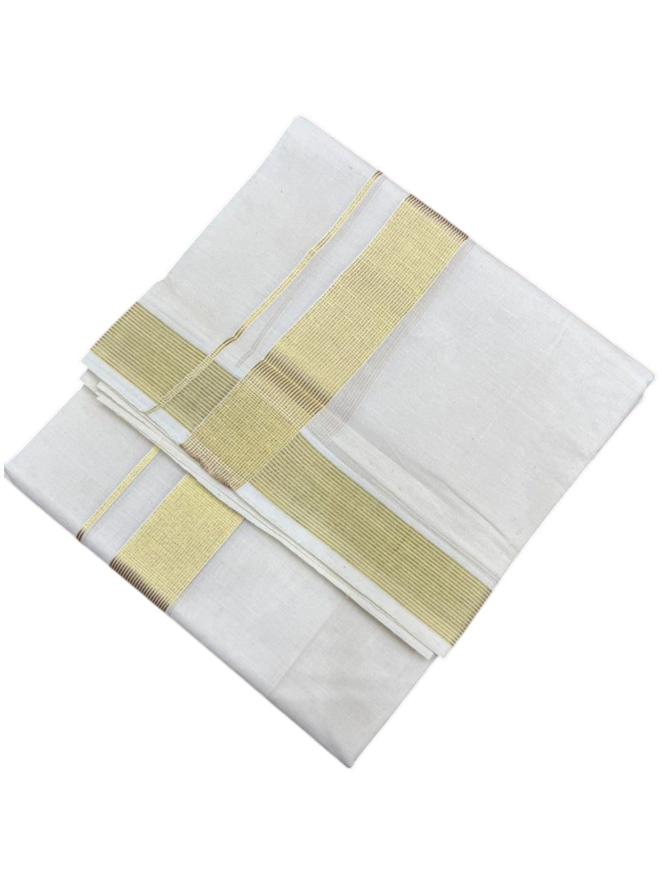 Southloom Pure Cotton Off White Double Mundu with Gold Kasavu Lines Border (South Indian Kerala Dhoti)
