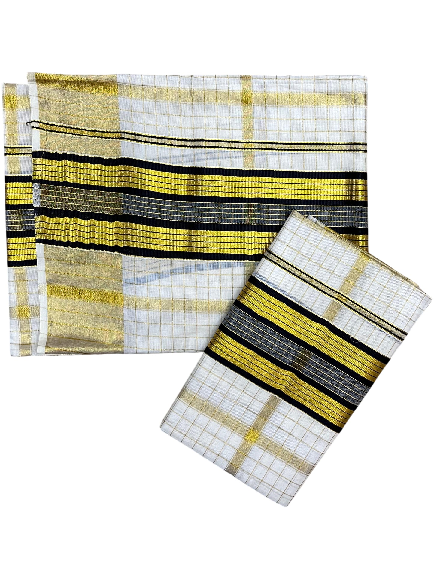 Southloom Pure Cotton Set Mundu with Gold Kasavu Check Across Body in Black SL399