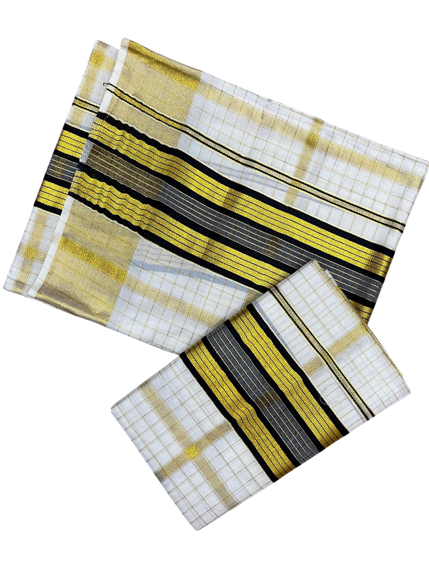 Southloom Pure Cotton Set Mundu with Gold Kasavu Check Across Body in Black SL399