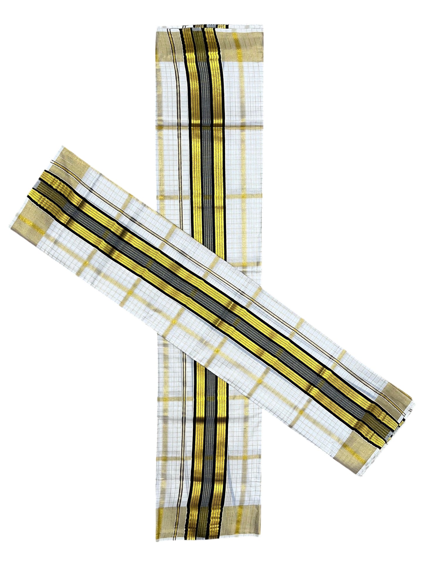 Southloom Pure Cotton Set Mundu with Gold Kasavu Check Across Body in Black SL399