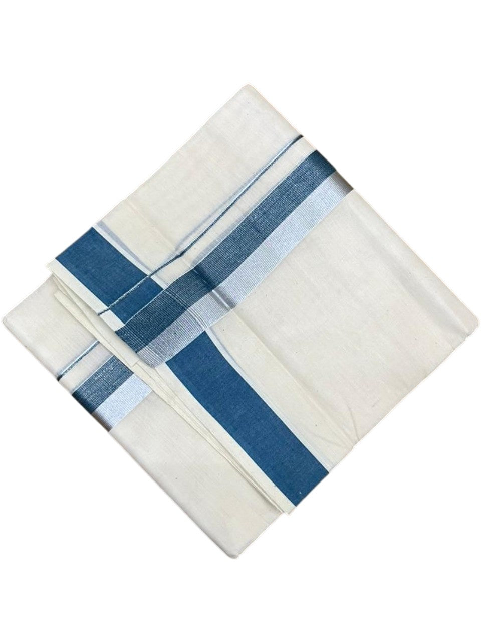 Southloom Kerala Pure Cotton Double Mundu with Blue And Silver Border (South Indian Dhoti)