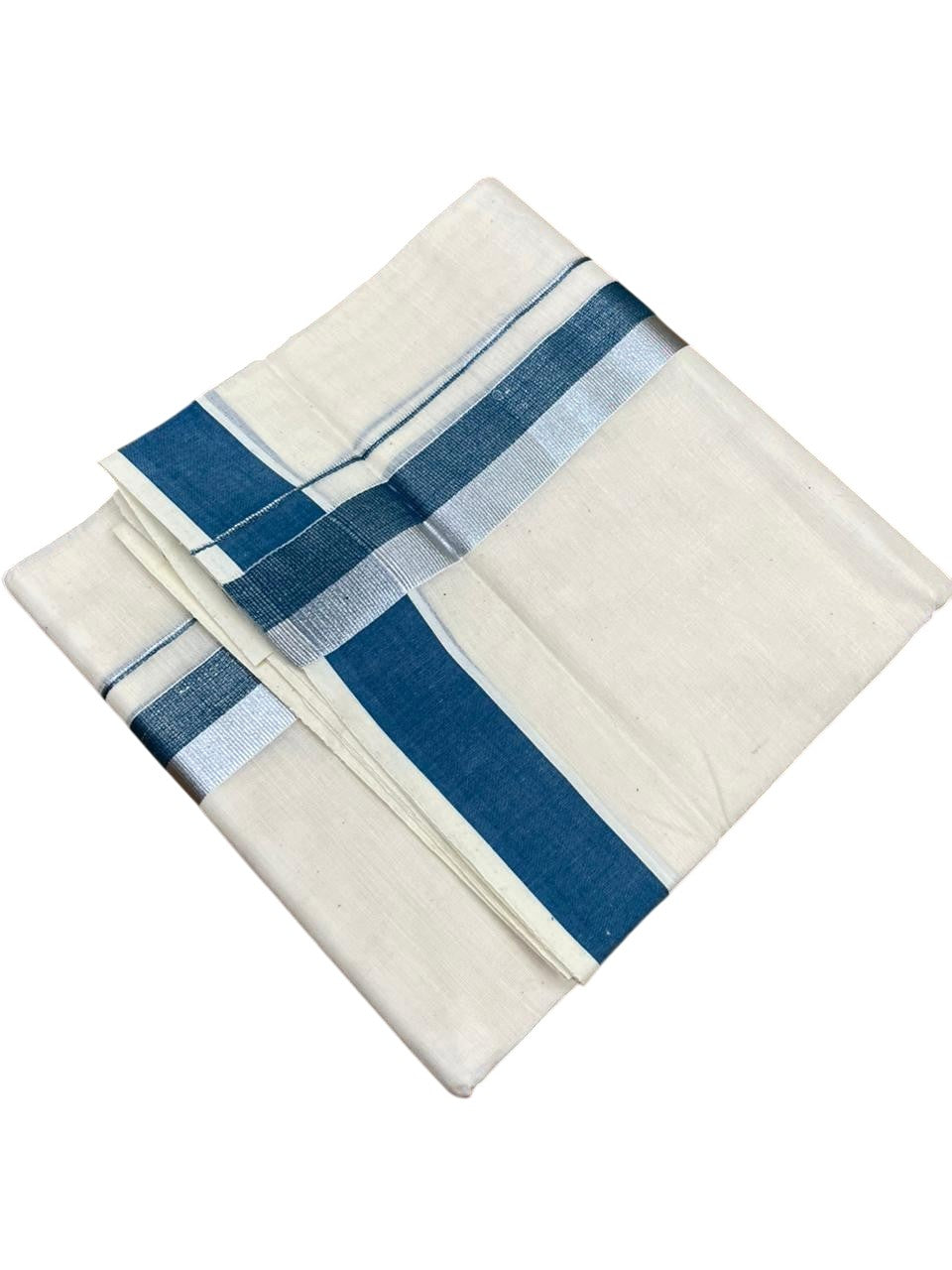 Southloom Kerala Pure Cotton Double Mundu with Blue And Silver Border (South Indian Dhoti)