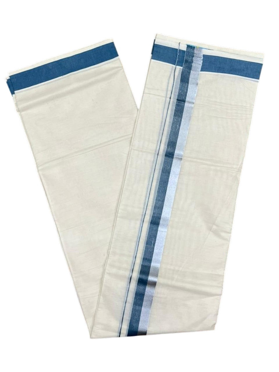Southloom Kerala Pure Cotton Double Mundu with Blue And Silver Border (South Indian Dhoti)