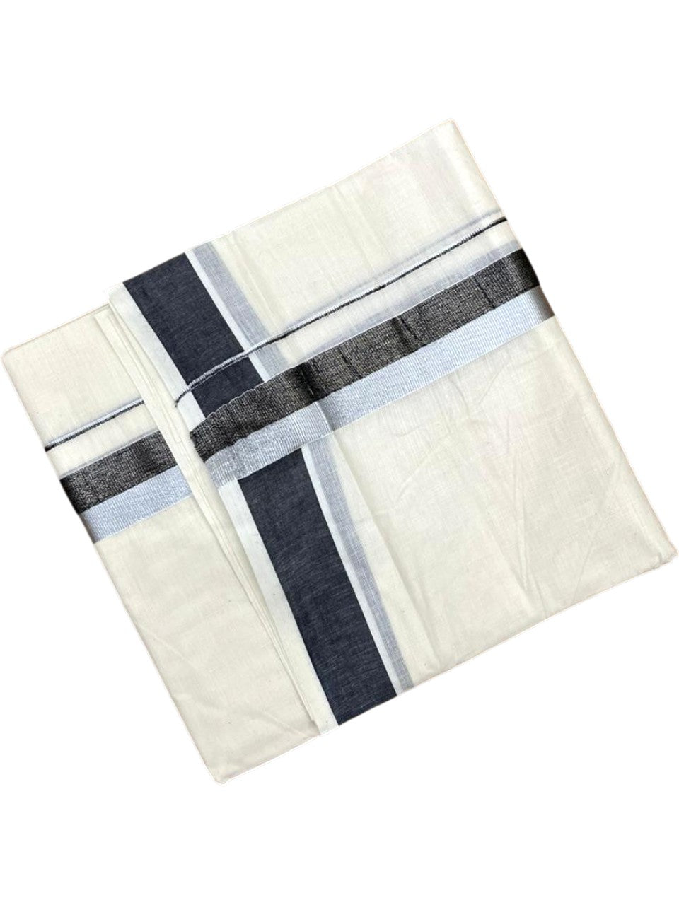 Southloom Kerala Pure Cotton Double Mundu with Grey And Silver Border (South Indian Dhoti)