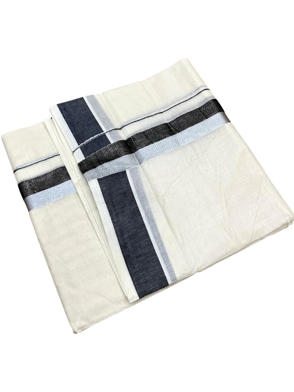Southloom Kerala Pure Cotton Double Mundu with Grey And Silver Border (South Indian Dhoti)