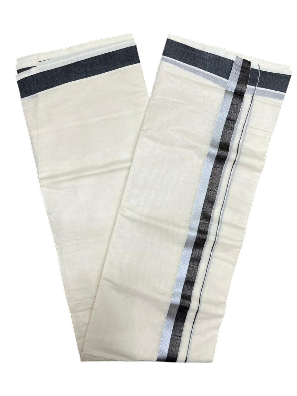 Southloom Kerala Pure Cotton Double Mundu with Grey And Silver Border (South Indian Dhoti)