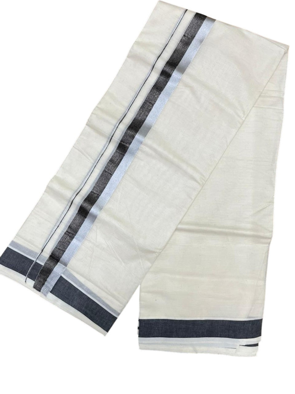 Southloom Kerala Pure Cotton Double Mundu with Grey And Silver Border (South Indian Dhoti)