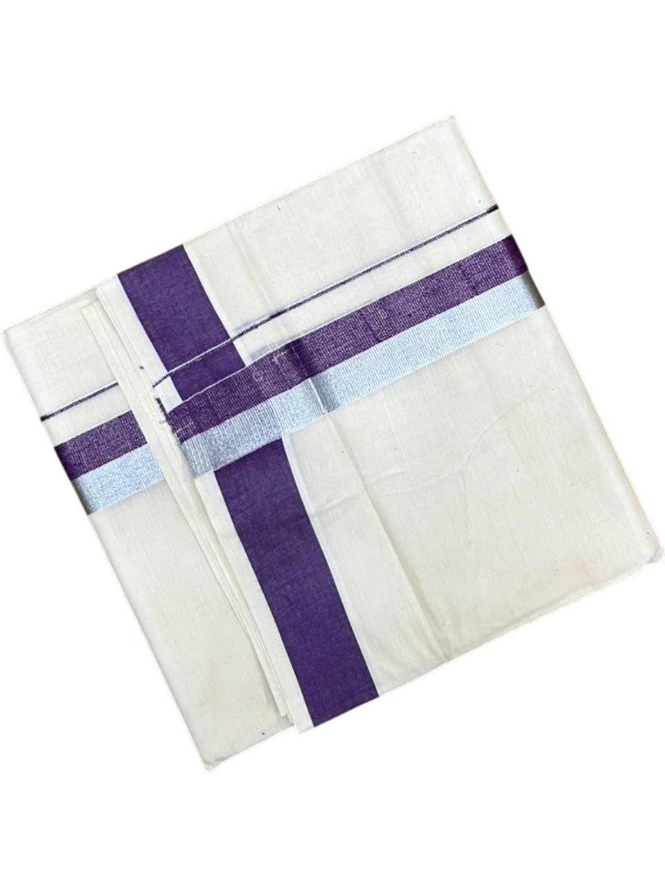 Southloom Kerala Pure Cotton Double Mundu with Purple And Silver Border (South Indian Dhoti)