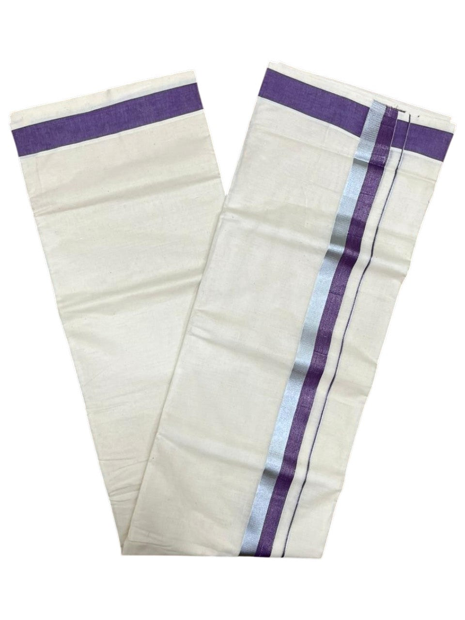 Southloom Kerala Pure Cotton Double Mundu with Purple And Silver Border (South Indian Dhoti)