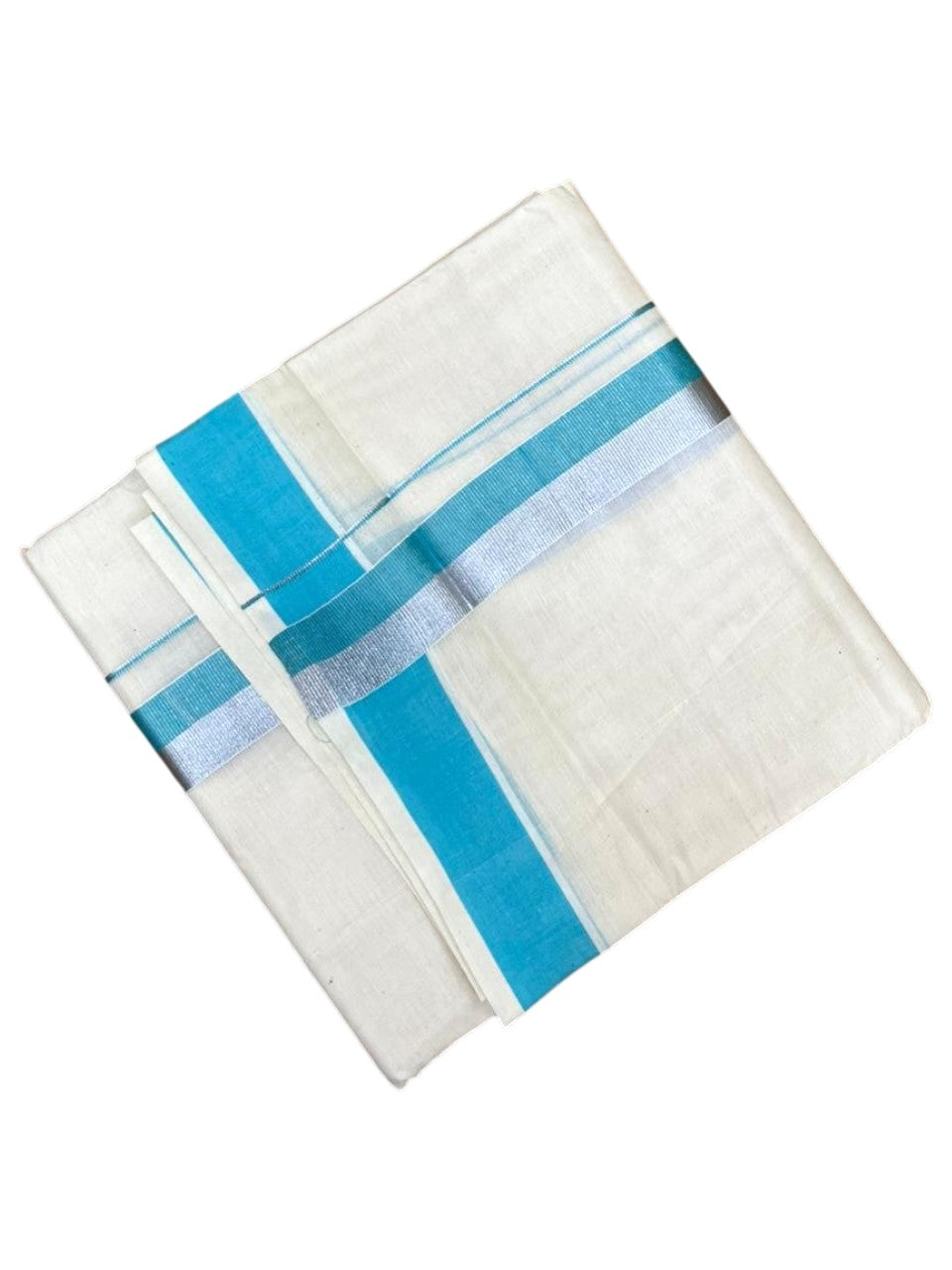 Southloom Kerala Pure Cotton Double Mundu with Blue And Silver Border (South Indian Dhoti)