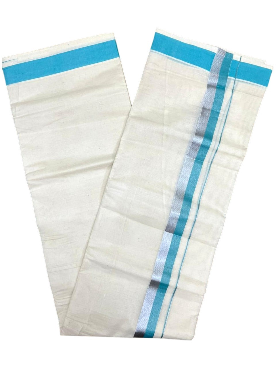 Southloom Kerala Pure Cotton Double Mundu with Blue And Silver Border (South Indian Dhoti)