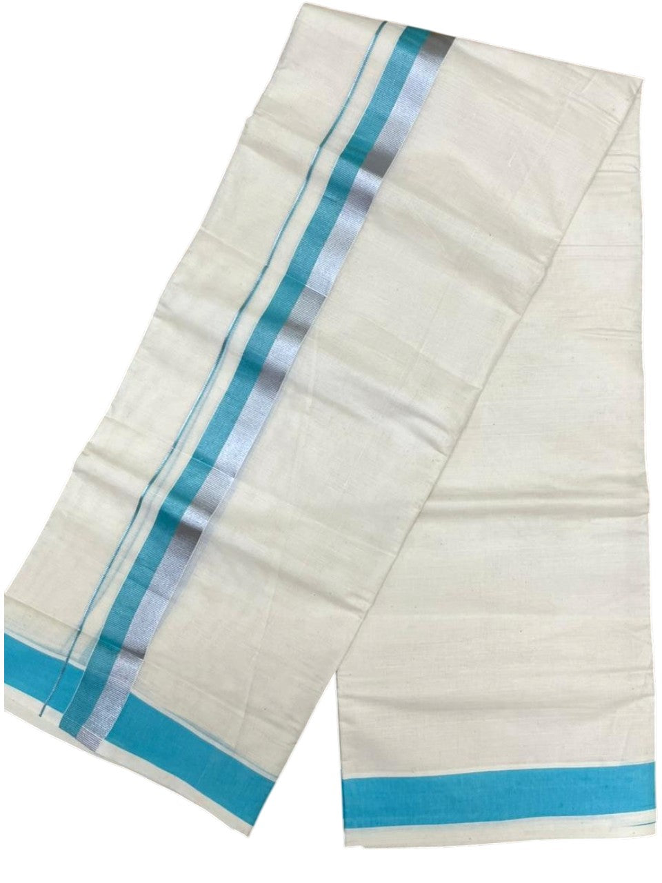 Southloom Kerala Pure Cotton Double Mundu with Blue And Silver Border (South Indian Dhoti)