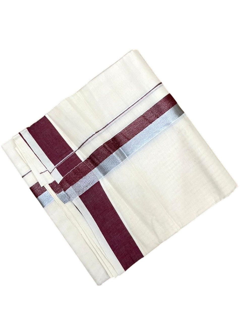 Southloom Kerala Pure Cotton Double Mundu with Maroon And Silver Border (South Indian Dhoti)