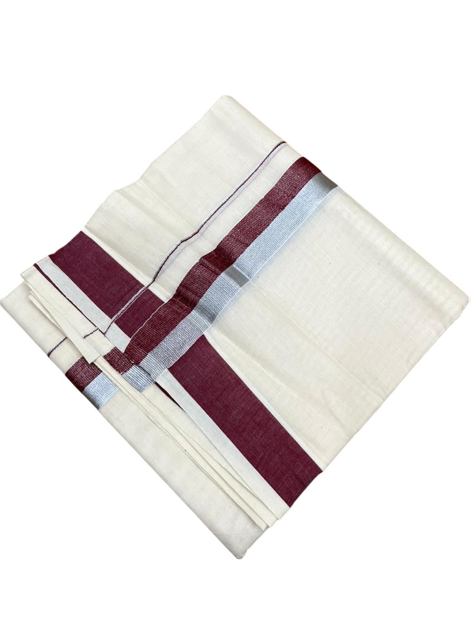 Southloom Kerala Pure Cotton Double Mundu with Maroon And Silver Border (South Indian Dhoti)