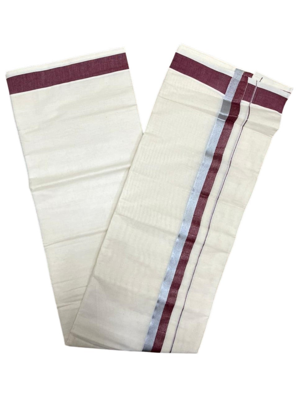 Southloom Kerala Pure Cotton Double Mundu with Maroon And Silver Border (South Indian Dhoti)