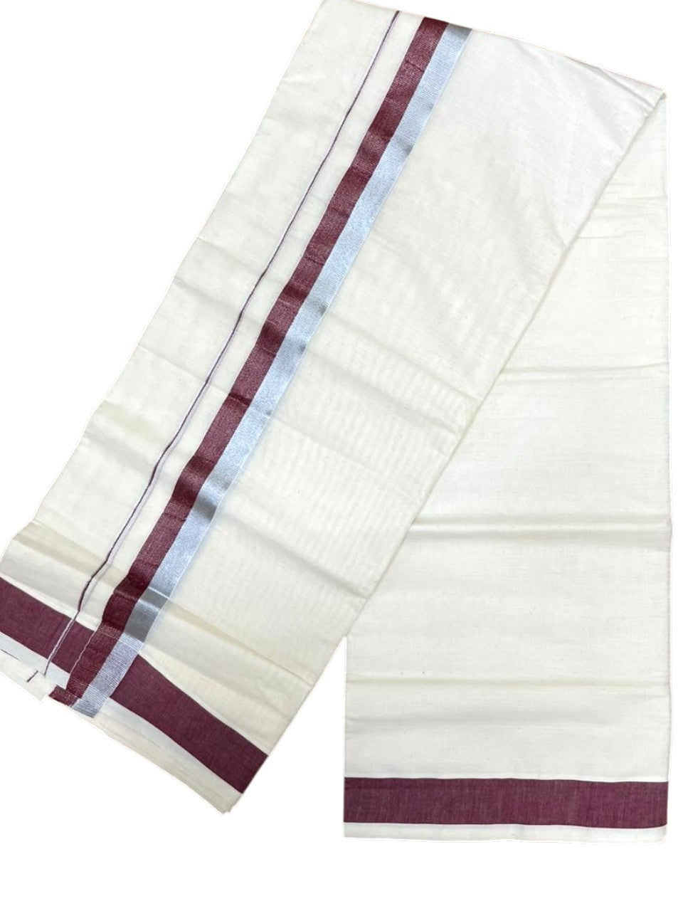 Southloom Kerala Pure Cotton Double Mundu with Maroon And Silver Border (South Indian Dhoti)