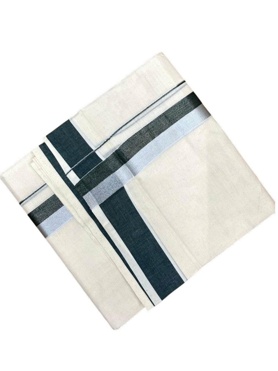 Southloom Kerala Pure Cotton Double Mundu with Green And Silver Border (South Indian Dhoti)