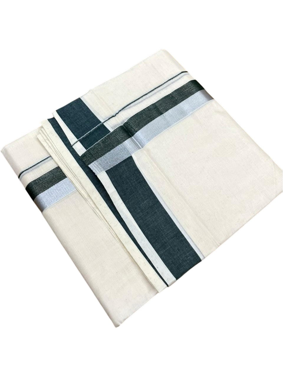 Southloom Kerala Pure Cotton Double Mundu with Green And Silver Border (South Indian Dhoti)