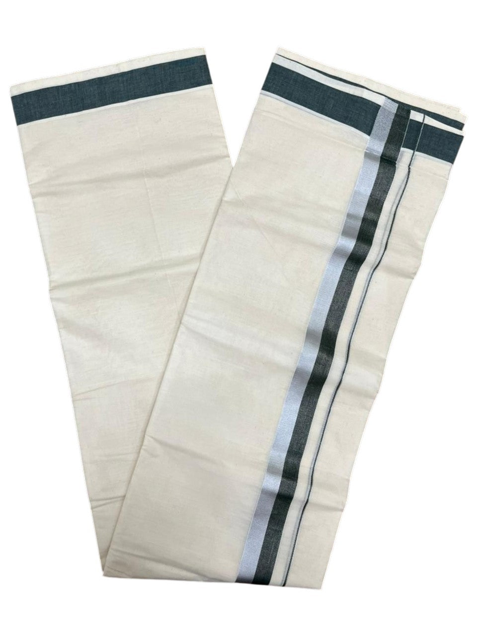 Southloom Kerala Pure Cotton Double Mundu with Green And Silver Border (South Indian Dhoti)