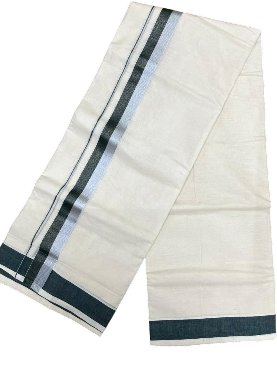 Southloom Kerala Pure Cotton Double Mundu with Green And Silver Border (South Indian Dhoti)