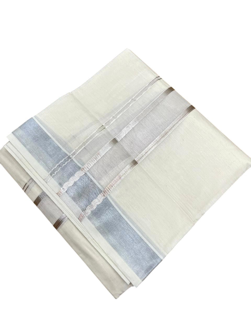 Southloom Kerala Pure Cotton Double Mundu with Silver Lines and Silver Border (South Indian Dhoti)