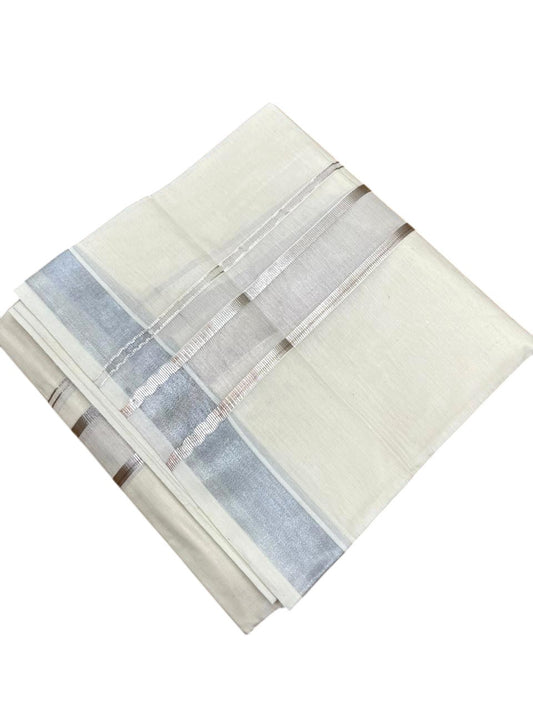 Southloom Kerala Pure Cotton Double Mundu with Silver Lines and Silver Border (South Indian Dhoti)