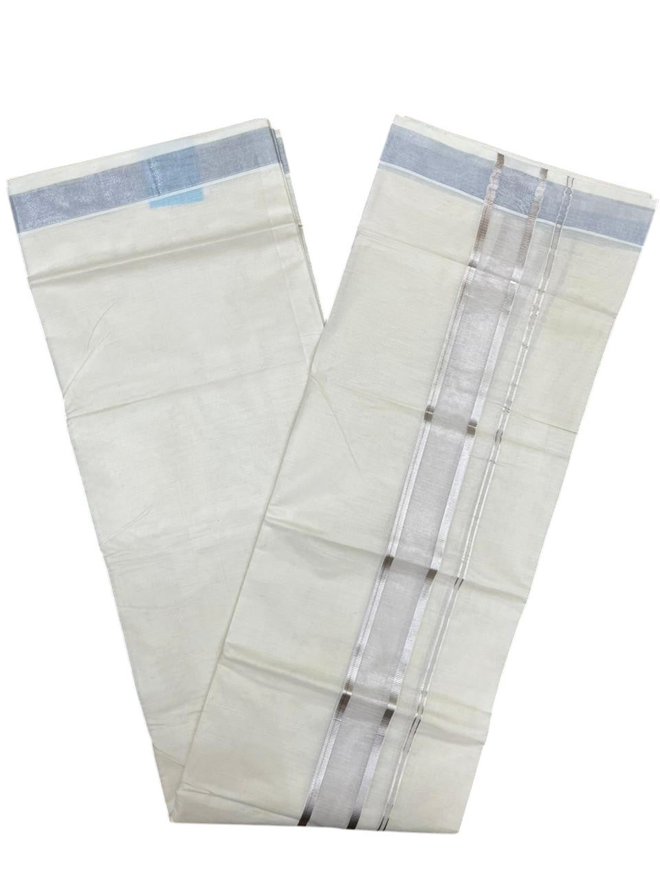 Southloom Kerala Pure Cotton Double Mundu with Silver Lines and Silver Border (South Indian Dhoti)