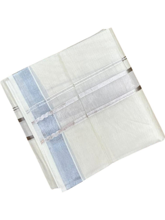 Southloom Kerala Pure Cotton Double Mundu with Silver Lines and Silver Border (South Indian Dhoti)