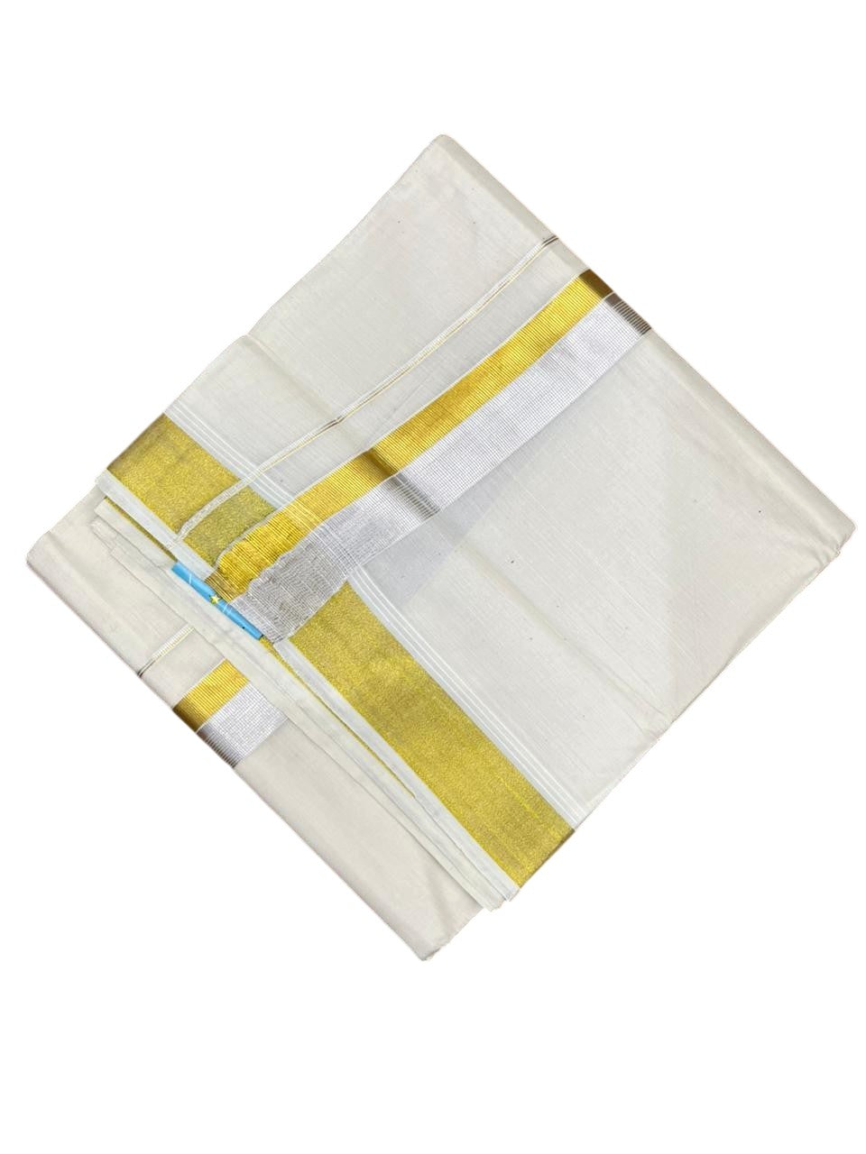Southloom Pure Cotton Off White Double Mundu with Gold and Silver Kasavu Border (South Indian Kerala Dhoti)