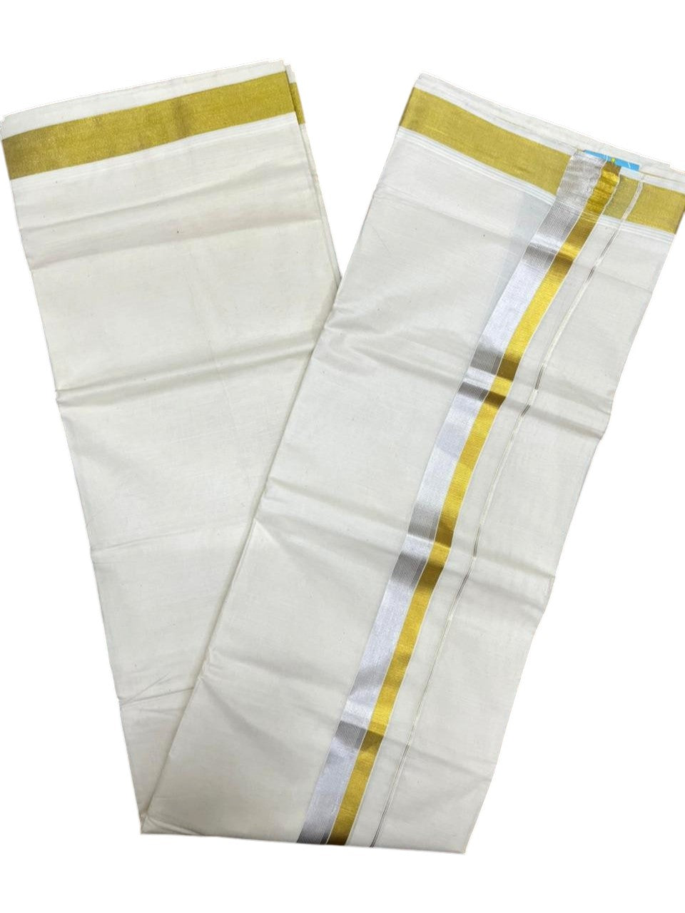 Southloom Pure Cotton Off White Double Mundu with Gold and Silver Kasavu Border (South Indian Kerala Dhoti)