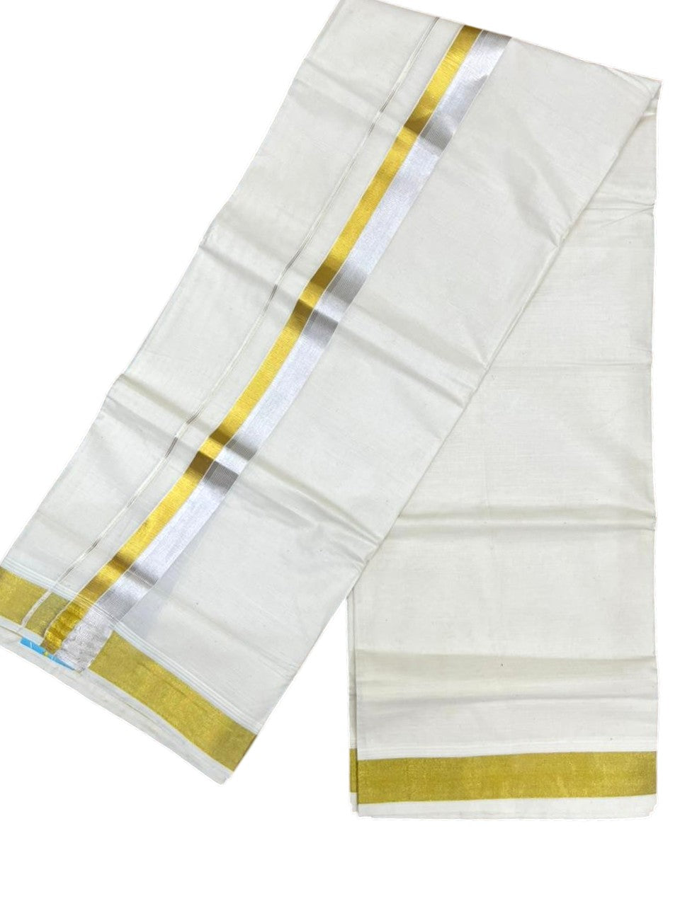 Southloom Pure Cotton Off White Double Mundu with Gold and Silver Kasavu Border (South Indian Kerala Dhoti)