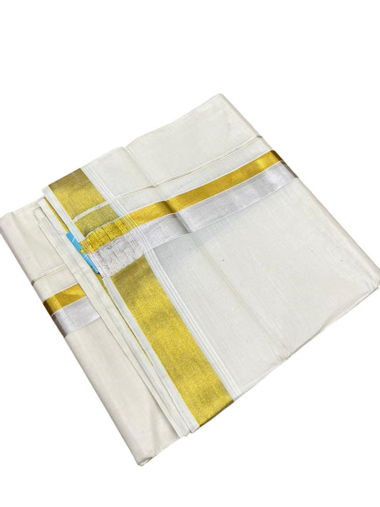 Southloom Pure Cotton Off White Double Mundu with Gold and Silver Kasavu Border (South Indian Kerala Dhoti)