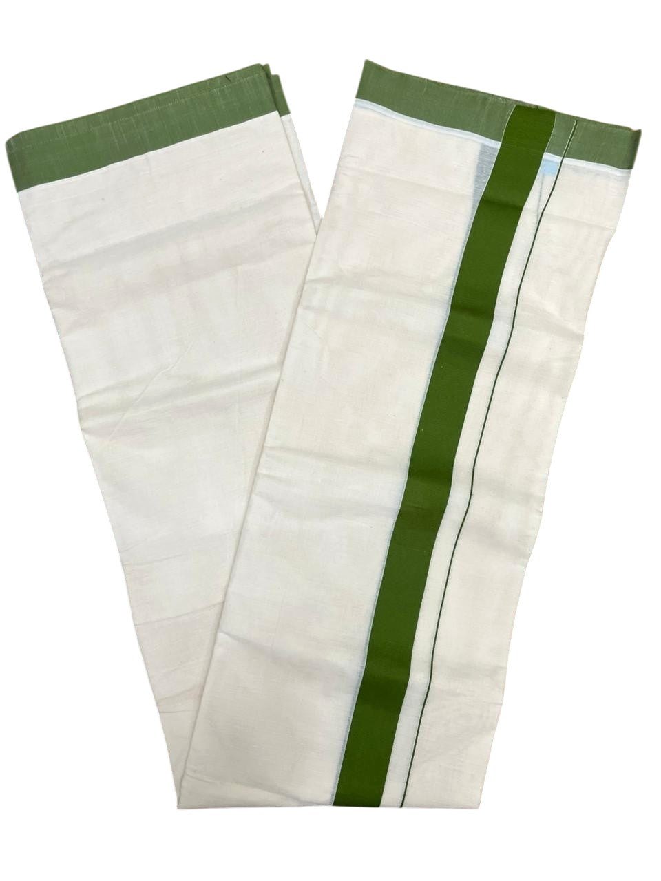 Southloom Kerala Pure Cotton Double Mundu with Green Border (South Indian Kerala Dhoti)