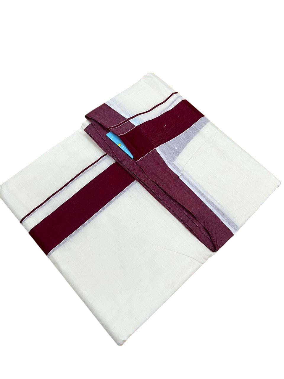 Southloom Kerala Pure Cotton Double Mundu with Maroon Border (South Indian Kerala Dhoti)