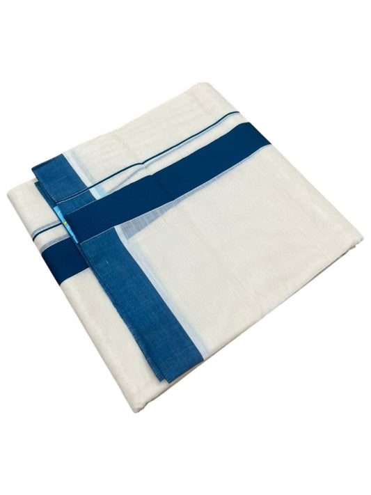 Southloom Kerala Pure Cotton Double Mundu with Blue Border (South Indian Kerala Dhoti)