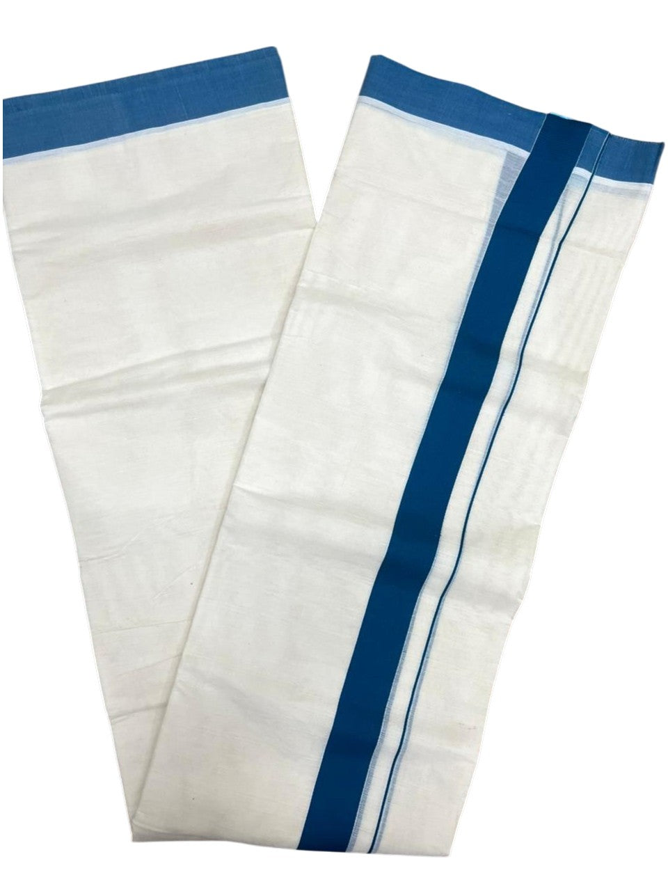 Southloom Kerala Pure Cotton Double Mundu with Blue Border (South Indian Kerala Dhoti)