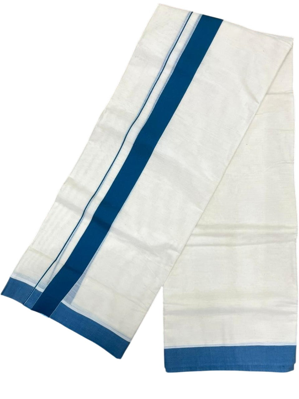 Southloom Kerala Pure Cotton Double Mundu with Blue Border (South Indian Kerala Dhoti)