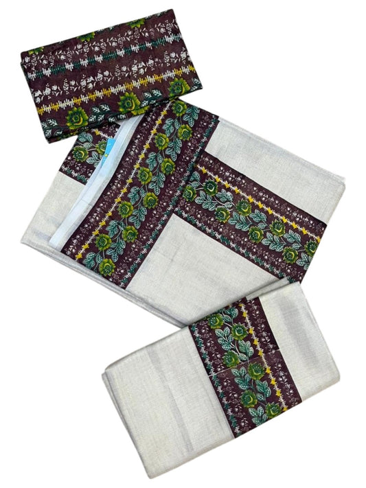 Southloom Tissue Single Set Mundu (Mundu Neriyathum) With Digital Floral Print in Brown (With Blouse Piece) 2.80 Mtrs SL409