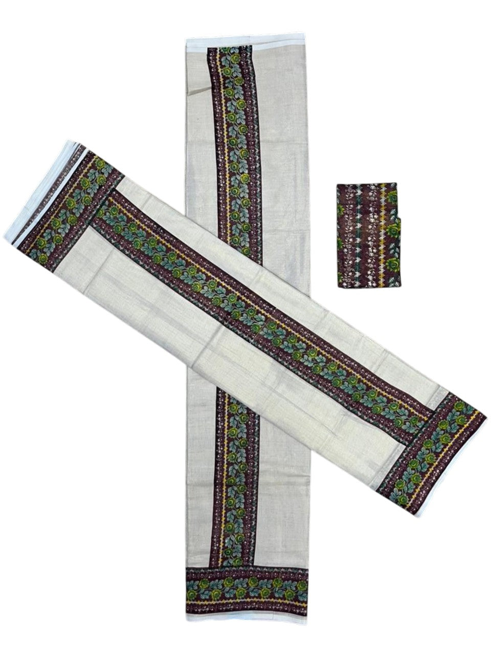 Southloom Tissue Single Set Mundu (Mundu Neriyathum) With Digital Floral Print in Brown (With Blouse Piece) 2.80 Mtrs SL409