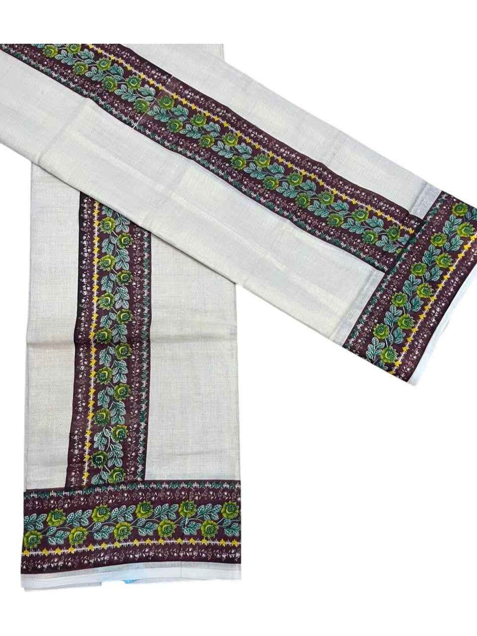 Southloom Tissue Single Set Mundu (Mundu Neriyathum) With Digital Floral Print in Brown (With Blouse Piece) 2.80 Mtrs SL409