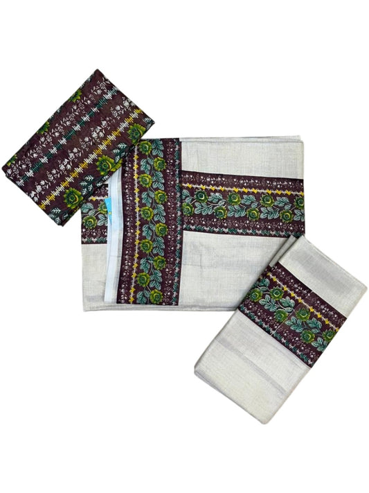 Southloom Tissue Single Set Mundu (Mundu Neriyathum) With Digital Floral Print in Brown (With Blouse Piece) 2.80 Mtrs SL409