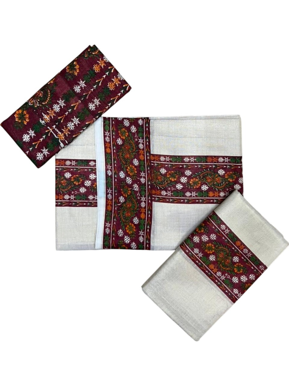 Southloom Tissue Single Set Mundu (Mundu Neriyathum) With Digital Floral Print in Maroon (With Blouse Piece) 2.80 Mtrs SL409
