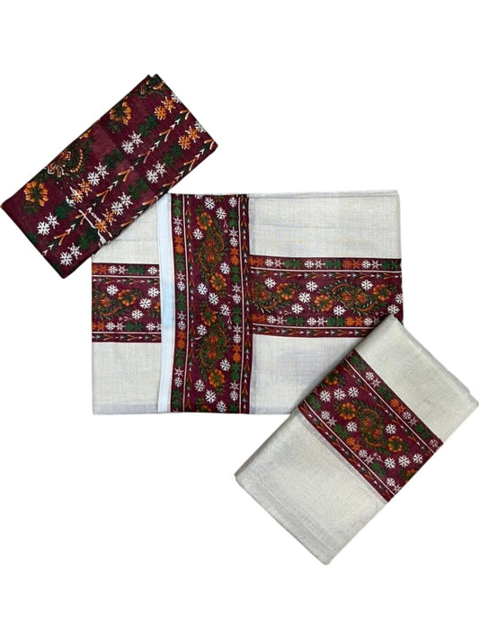 Southloom Tissue Single Set Mundu (Mundu Neriyathum) With Digital Floral Print in Maroon (With Blouse Piece) 2.80 Mtrs SL409