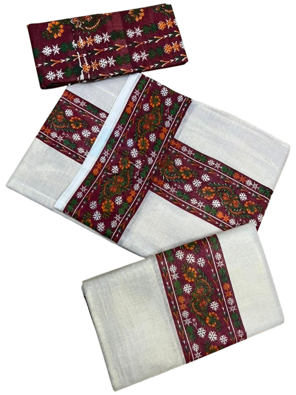 Southloom Tissue Single Set Mundu (Mundu Neriyathum) With Digital Floral Print in Maroon (With Blouse Piece) 2.80 Mtrs SL409