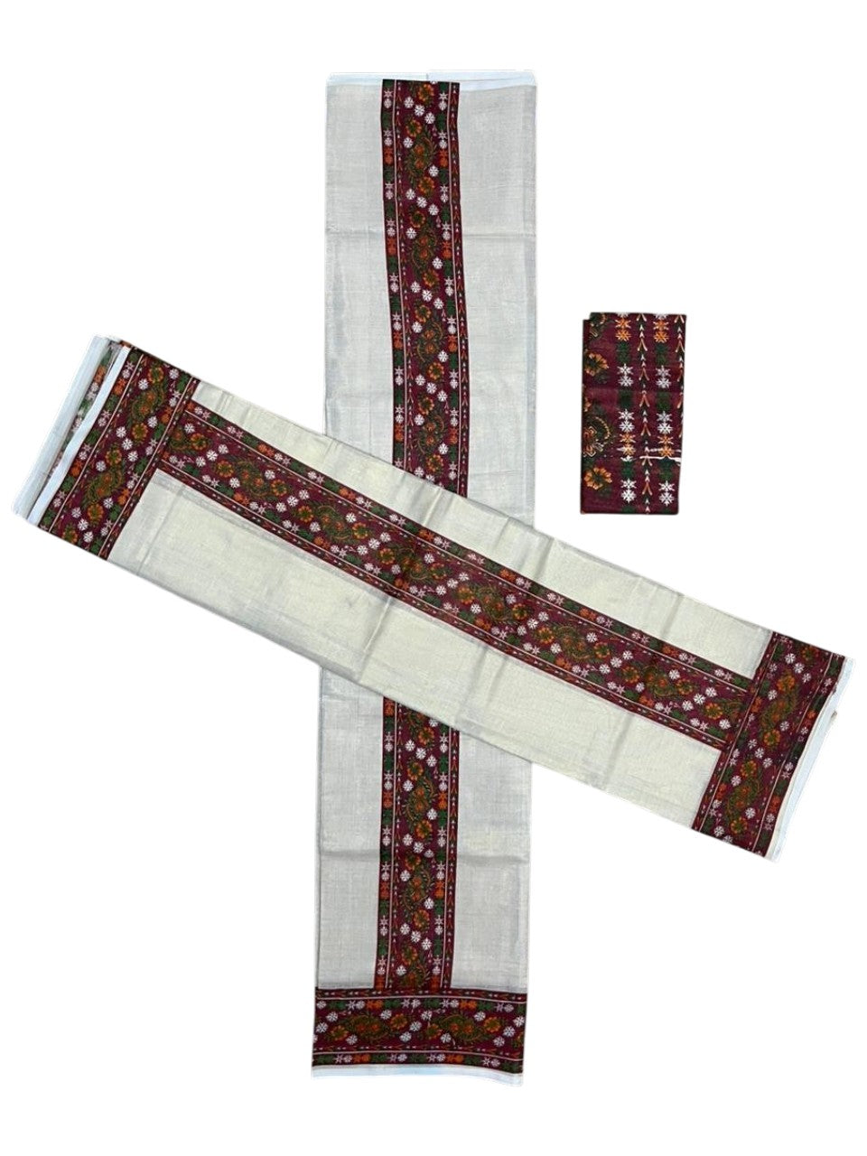 Southloom Tissue Single Set Mundu (Mundu Neriyathum) With Digital Floral Print in Maroon (With Blouse Piece) 2.80 Mtrs SL409