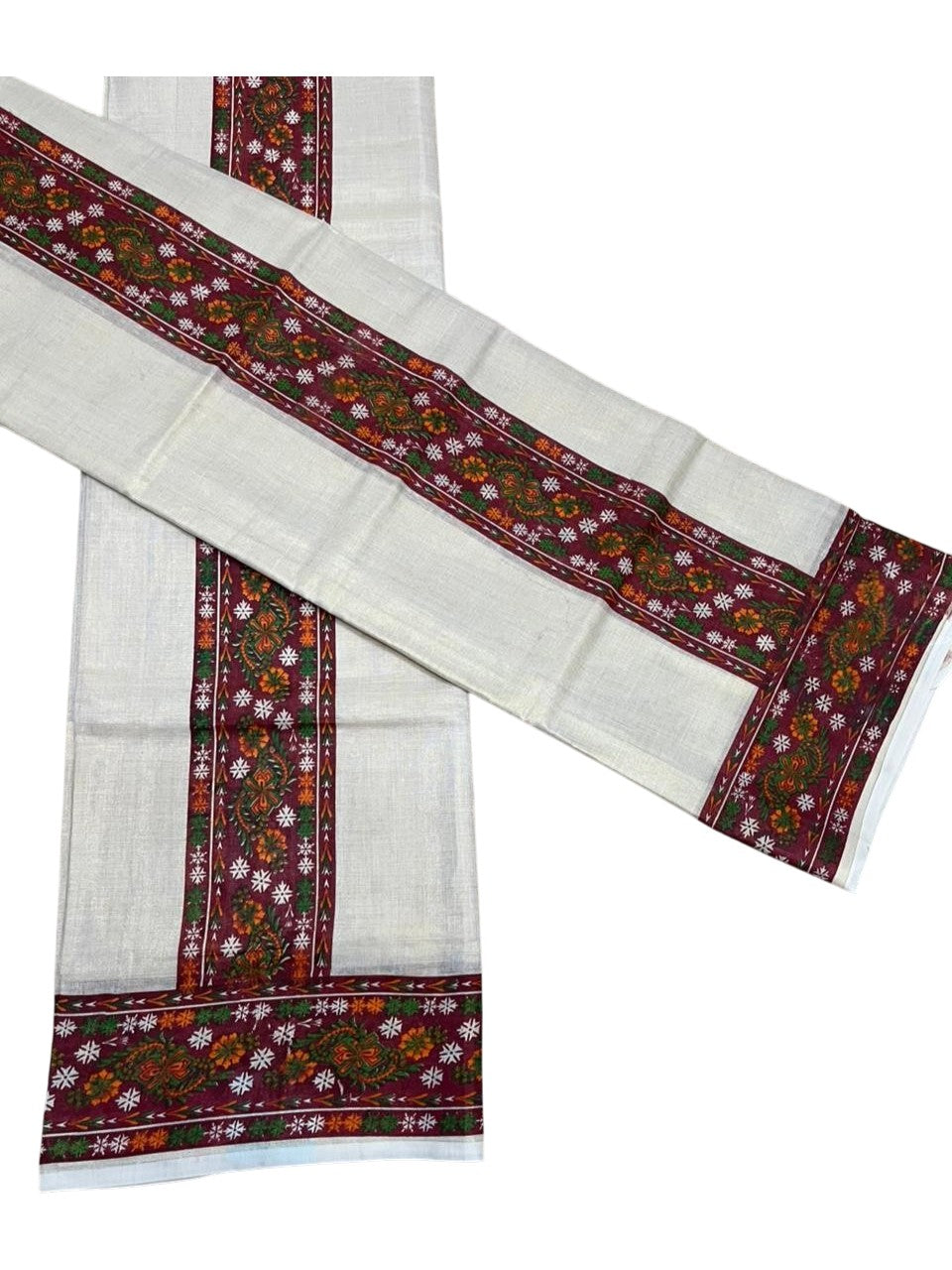 Southloom Tissue Single Set Mundu (Mundu Neriyathum) With Digital Floral Print in Maroon (With Blouse Piece) 2.80 Mtrs SL409