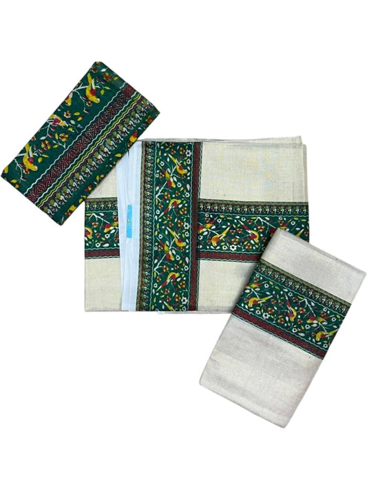 Southloom Tissue Single Set Mundu (Mundu Neriyathum) With Digital Print in Green (With Blouse Piece) 2.80 Mtrs SL409
