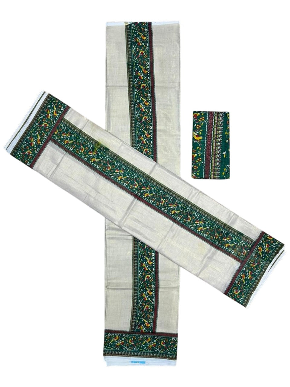 Southloom Tissue Single Set Mundu (Mundu Neriyathum) With Digital Print in Green (With Blouse Piece) 2.80 Mtrs SL409
